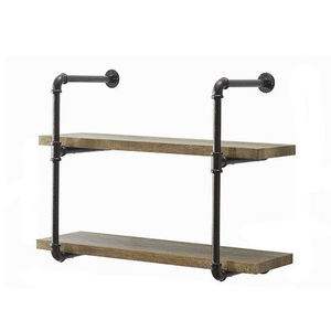 Industrial Wall <b>Shelf</b> Wood Double Tier Iron Bracket Mounted Storage Rack for Living Room - Product Image 1