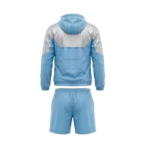 Breathable Polyester Nylon Windbreaker Short Set Nylon Hooded <b>Jacket</b> And Shorts Sky Blue <b>Silver</b> Gray Color Block Panel Tracksuit - Product Image 3
