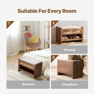 Panca Portascarpe in Rattan da 78,5 cm con Cassetto Contenitore, Stile Rustico Boho, Panca da Ingresso con Semplice Cuscino in Lino - Product Image 6
