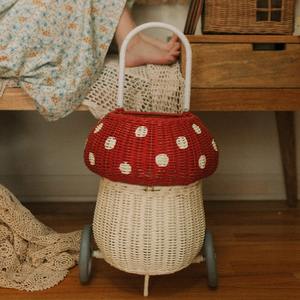 Sac de transport en rotin rose en forme de champignon, panier tissé, chariot à roulettes, paniers pour enfants de haute qualité sur roulettes - Product Image 3