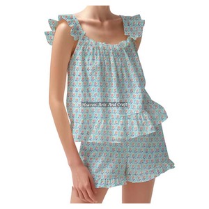 Indian Handmade Vintage Block Printed Cotton Shorts Pajama Set Spring/Summer Floral Fitted Strappy Ruffle <b>Trim</b> Sleeves PJ Set - Product Image 3