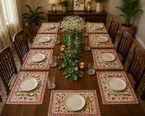 Beige Floral Hand Block Print Table Mat Set Pure Cotton Placemats Export Quality Washable Dining Decor Handmade Masterpiece Set - Product Image 4