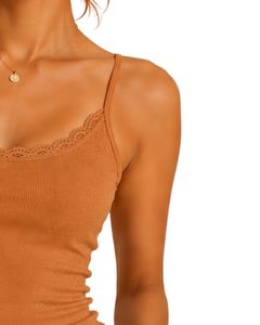 Top corto de tirantes finos con encaje y canalé para mujer, de algodón, ajustado, informal, de verano, estilo camiseta sin mangas, a la moda, color naranja - Product Image 4