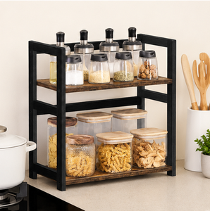 Étagère à épices rustique marron à 2 niveaux pour comptoir de cuisine, en métal et bois, support de rangement vertical pour condiments, gain de place pour bocaux - Product Image 4