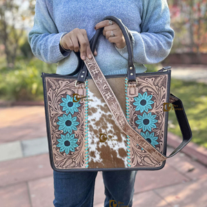 Sac fourre-tout en cuir de vachette à motif western, sac à main élégant en cuir avec poils, sacs sculptés à la main pour femmes, multi-usages - Product Image 1