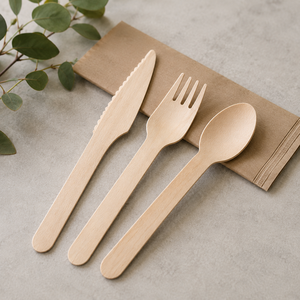 Ensemble de couverts en bois jetables, couteau, fourchette, cuillère, écologiques, biodégradables, recyclables, adaptés aux aliments, pour les voyages - Product Image 1