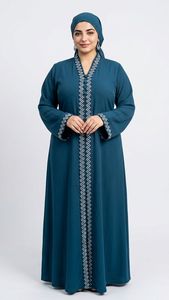 Abaya bleu marine brodée géométriquement, manches longues, longueur ras du sol, robe modeste pour femme, grande taille, style Moyen-Orient, usage quotidien - Product Image 4