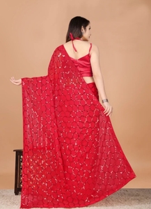 KV Self Design Bollywood Georgette <b>Saree</b> (<b>Red</b>) - Product Image 6