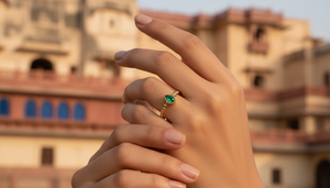 Bague artisanale en or 10 carats avec émeraude taille poire et verre, directement de l'usine, avec bande perlée délicate, bijoux à superposer - Product Image 5