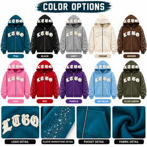 Nueva Sudadera con Capucha Unisex Extra Grande Color Verde Azulado con Cierre y Mangas con Pedrería, Estampado de Letras Góticas, 100% Algodón Ecológico, Estilo Hip Hop Urbano - Product Image 5