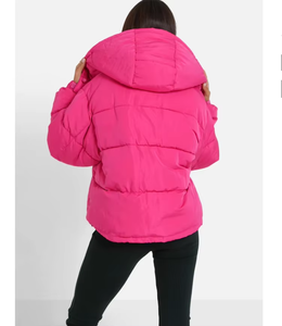 Pink Hooded Puffer Jacket Unisex <b>Winter</b> <b>Coat</b> <b>Thick</b> Insulated Eco-friendly Cotton Filled Casual Wear Zipper Closure Solid Color - Product Image 5