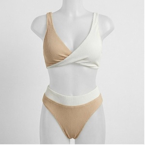 Women's Color Blocking Ribbed Bikini Set <b>Crossed</b> Halter <b>Top</b> High Waist Bottoms Stretch Knitted Swimwear - Product Image 1