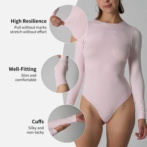 Women Activewear Skinny Streetwear Long Sleeve Double Lined Thong Seamless Soft Tummy <b>Control</b> Crew Neck Stretchy <b>Bodysuit</b> - Product Image 6