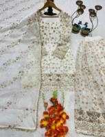 Ensemble Salwar ethnique pour femme AARIKA TEXTILE en Faux Georgette, haut en soie FENDY avec broderie de fils et bordure en dentelle sur quatre côtés, Micro Party