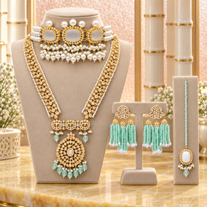 Wholesale Mint <b>Bridal</b> <b>Jewelry</b> <b>Set</b> Long Necklace Pearl Choker Earrings Tikka Bulk Manufacturer - Product Image 1
