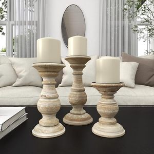 Rustic Distressed <b>White</b> Wooden Candle Holder Set Vintage Farmhouse Decorative Pillar Candle Stand Home <b>Table</b> Decor - Product Image 2