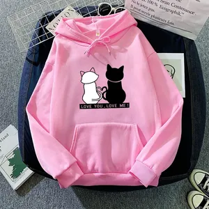 เสื้อสเวตเตอร์มีฮู้ดสีแดงพิมพ์ลายแมว ดีไซน์การ์ตูนรักคุณรักฉัน ใส่ได้ทั้งชายและหญิง ทรงโอเวอร์ไซส์ สวมใส่สบายๆ ในฤดูใบไม้ร่วง - Product Image 5