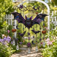 Décoration Suspendue Gothique d'Halloween en Forme de Chauve-Souris pour Jardin, Attrape-Soleil de Fenêtre en Acrylique Vibrant avec Gouttes Réfléchissantes