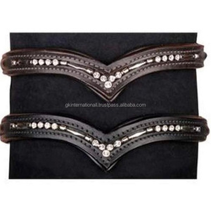 Bandas de cejas de caballo de cuero de diseño personalizado con acabado Premium negro marrón en forma de V decoradas con cristales de piedras sintéticas brillantes - Product Image 5
