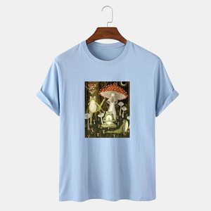 เสื้อยืดแขนสั้นสีดำสำหรับผู้ชายพิมพ์ลายกบและป่าเห็ดลำลองคอกลมผ้าฝ้ายเจอร์ซีย์ทรงพอดีตัว - Product Image 4