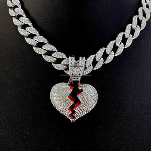 Collar con Colgante de Corazón Roto, Plata de Ley, Bañado en Rodio, Cadena Cubana, Estilo Hip Hop, Joyería Unisex Certificada - Product Image 1