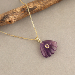 Natural stone amethyst jewelry shell hand carved pendant <b>with</b> purple zircon accent 18k gold plated jewelry gift brass necklace - Product Image 3