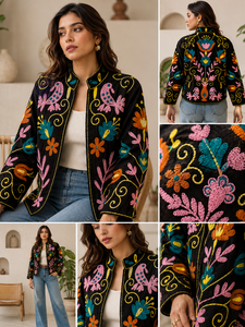Blazer en velours noir brodé avec motif floral, col mandarin, manches longues, veste d'automne pour femme - Product Image 6