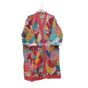 Kimono japonais style Kantha matelassé floral fait main en coton, manteau d'hiver à séchage rapide, multicolore, avec ceinture à nouer et bords bruts - Product Image 6