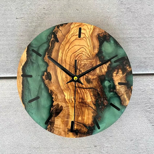 Emerald Green Epoxy Resin Olive Wood <b>Clock</b>: Live Edge Rustic Wall Art - Product Image 1