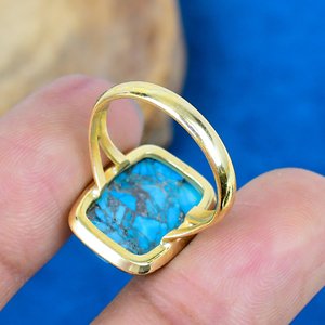 Handmade Blue Copper <b>Turquoise</b> Cushion Gemstone <b>Ring</b> 18k Gold Micron Over 925 Sterling Silver <b>Ring</b> - Product Image 4