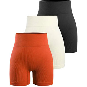 Conjunto de 2 Piezas de Shorts de Yoga Acanalados de Cintura Media, Sin Costuras, Elásticos en 4 Direcciones, Color Sólido, Tallas Grandes, Ecológicos y Transpirables para Mujer - Product Image 3