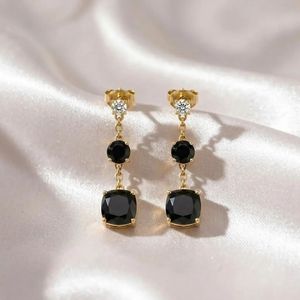 <b>Black</b> Obsidian Cushion Cut And Round Faceted Drop <b>Earrings</b> Handmade Minimalist Gemstone <b>Stud</b> Dangle <b>Earrings</b> 925 Sterling Silver - Product Image 3