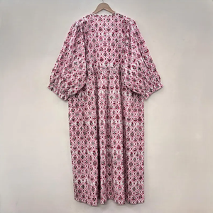 Robe midi décontractée en coton pour femme, manches ballon, taille empire, style babydoll, robe d'été, 100% coton, tunique ample à col en V, motif floral - Product Image 4