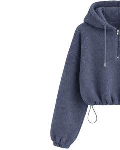 Sweat à capuche court en molleton texturé bleu acier, quart de zip, ourlet ajustable avec cordon de serrage, streetwear décontracté, pull chaud pour homme, logo personnalisé - Product Image 2