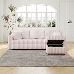 Divano Morbido Rosa Chiaro da 270 cm per 3 Persone con Elegante Pouf Sollevabile Idraulico da 78 cm, Comodo Arredamento per Soggiorno e Camere da Letto - Product Image 3