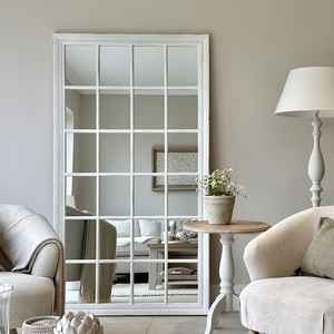 Grand miroir sur pied blanc en bois, style fenêtre, avec cadre en grille, fait main, design scandinave pour salon moderne ou intérieur de ferme - Product Image 4