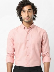 Camisa de Vestir de Algodón Rosa Sólido para Hombre, Manga Larga, Cuello con Botones, Estilo Casual Elegante para Primavera - Product Image 1