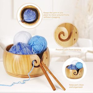 Bol de rangement pour fil en bois fait main, portable, pour tricot et crochet, avec trous en spirale, ensemble organisateur avec aiguilles en bambou - Product Image 3