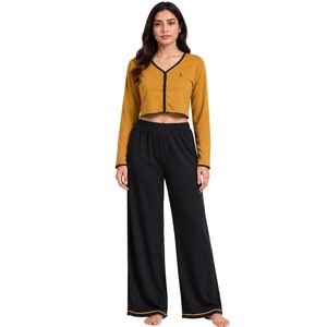 Ensemble de détente pour femme Mustard And Black, comprenant un cardigan court à manches longues en maille douce boutonné et un pantalon de pyjama à jambes larges, vêtements de nuit - Product Image 1