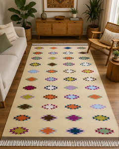 Handwoven Cotton Flat Weave <b>Rug</b> Geometric Dhurrie Area <b>Rug</b> Reversible <b>Boho</b> Kilim Carpet with Tassels - Product Image 1
