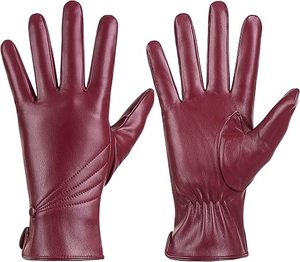 <b>Women</b>’s Genuine Leather <b>Gloves</b> Elegant Burgundy Leather <b>Gloves</b> for <b>Women</b> Fashion Winter <b>Driving</b> <b>Gloves</b> - Product Image 1