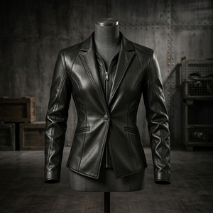 Blazer en cuir noir sur mesure pour femme, coupe ajustée, fermeture éclair sur le devant, style mode, business, streetwear, vêtement d'extérieur haut de gamme - Product Image 1