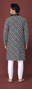 Kurta de Algodón Estampada en Blanco y Negro para Hombre, Corte Regular, Largo hasta la Rodilla, Estilo Tradicional Informal de India y Pakistán, para Fiestas y Bodas - Product Image 3