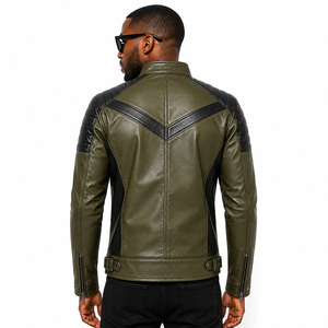 Blouson de motard en cuir véritable vert olive pour homme avec logo personnalisé, épaules matelassées noires, coupe ajustée, fabricant - Product Image 4