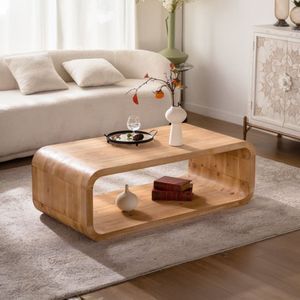 Table basse moderne élégante en bois clair courbé avec rangement ouvert et design à structure ouverte pour salons contemporains - Product Image 5