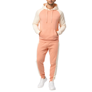 Chándal Peach & Cream más vendido para hombre |   Sudadera con capucha y pantalones con franja lateral en contraste color crema |   Conjunto Deportivo Moderno - Product Image 1