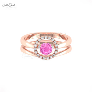 Handmade 14k Solid Gold Genuine 5mm Prong Set Pink Sapphire & Diamond Anniversary <b>Stacking</b> <b>Ring</b> Verified Wholesale Supplier - Product Image 1