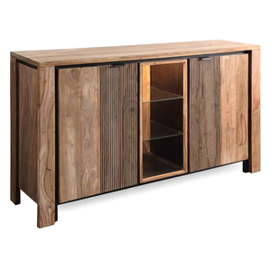Modern Luxury Solid Mango Wood Eco-Friendly <b>Sideboard</b> Glass Doors Slatted Panels Midcentury Modern Design 3 ft Capacity Dining - Product Image 1