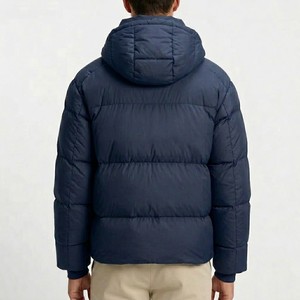 Hot Sale <b>Men</b> Navy Blue Hooded Puffer <b>Jacket</b> With Front Logo Zip Closure Windproof Winter Casual Outerwear Streetwear - Product Image 2
