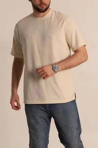 Men's Beige <b>Waffle</b> Knit T-<b>Shirt</b> Short Sleeve O-Neck Regular Fit Casual Solid Design Breathable Cotton Top - Product Image 6